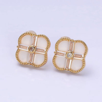 16K Gold Filled White, Black Baguette Quatrefoil Stud Earrings in Gold &amp; Silver | AD1116 - AD1119
