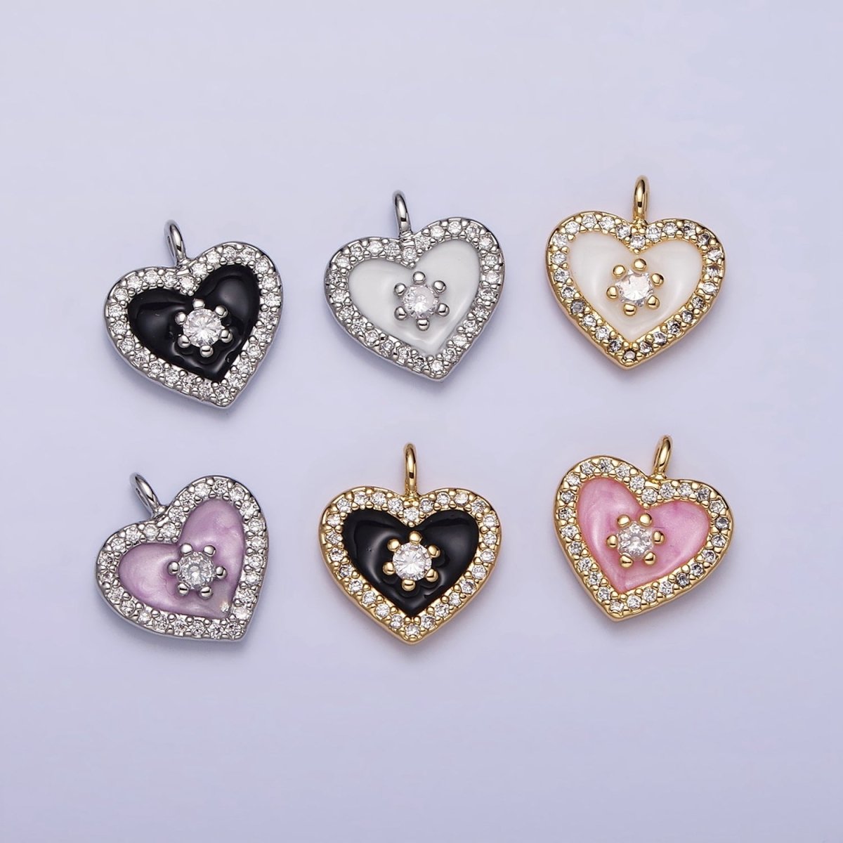 16K Gold Filled White, Black, Pink Enamel Micro Paved CZ Heart Charm in Gold &amp; Silver | AC1300 - AC1305