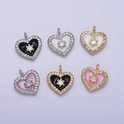 16K Gold Filled White, Black, Pink Enamel Micro Paved CZ Heart Charm in Gold &amp; Silver | AC1300 - AC1305