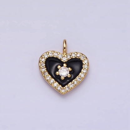 16K Gold Filled White, Black, Pink Enamel Micro Paved CZ Heart Charm in Gold &amp; Silver | AC1300 - AC1305