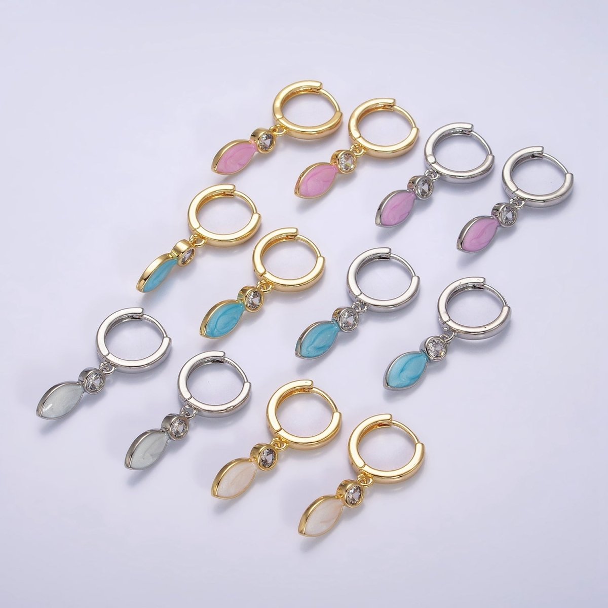 16K Gold Filled White, Blue, Pink Sparkly Enamel Drop Huggie Earrings in Gold &amp; Silver | AD-355~AD-360