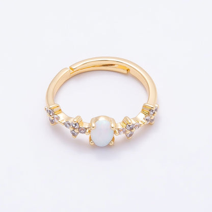 16K Gold Filled White Opal Clear CZ Flower Leaf Adjustable Ring | Rings-00139
