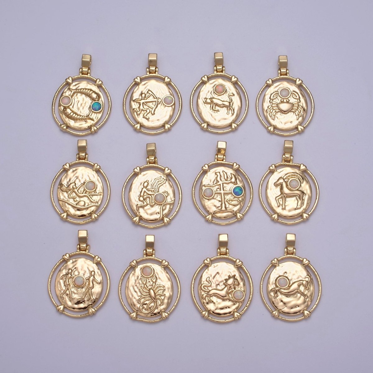 16K Gold Filled White Opal Zodiac Horoscope Heart Edge  Oval Medallion Pendant | A-A1869-A-A1874