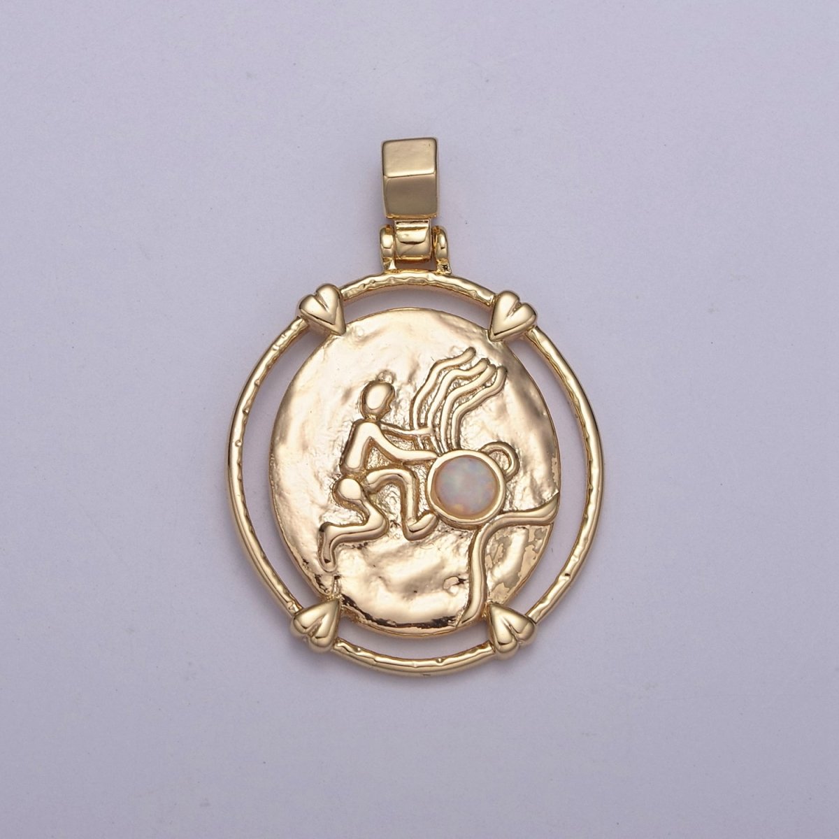 16K Gold Filled White Opal Zodiac Horoscope Heart Edge  Oval Medallion Pendant | A-A1869-A-A1874