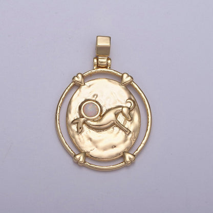 16K Gold Filled White Opal Zodiac Horoscope Heart Edge  Oval Medallion Pendant | A-A1869-A-A1874