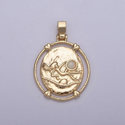 16K Gold Filled White Opal Zodiac Horoscope Heart Edge  Oval Medallion Pendant | A-A1869-A-A1874