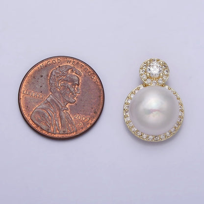 16K Gold Filled White Pearl Round Micro Paved CZ Pendant | AA412