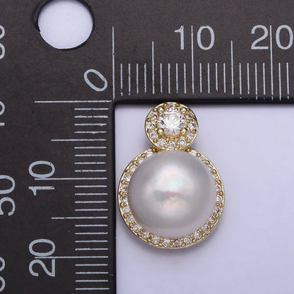 16K Gold Filled White Pearl Round Micro Paved CZ Pendant | AA412