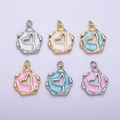 16K Gold Filled White, Pink, Blue Ocean Whale Tail Glitter Enamel Stamped Round Charm in Gold &amp; Silver | AC1093 - AC1098