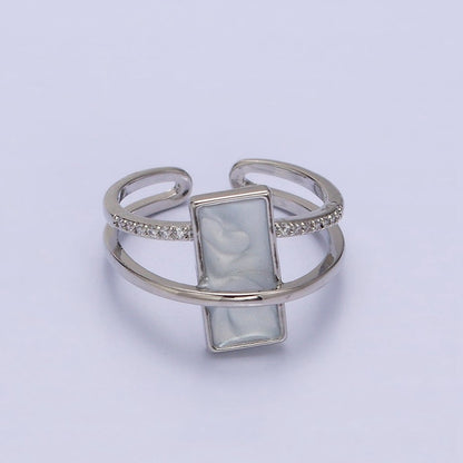 16K Gold Filled White Sparkly Enamel Bar Micro Paved CZ Double Band Ring in Gold &amp; Silver | O-1617 O-1618