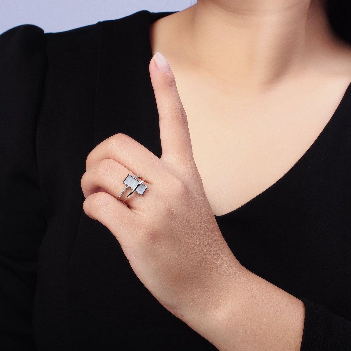 16K Gold Filled White Sparkly Enamel Bar Micro Paved CZ Double Band Ring in Gold &amp; Silver | O-1617 O-1618