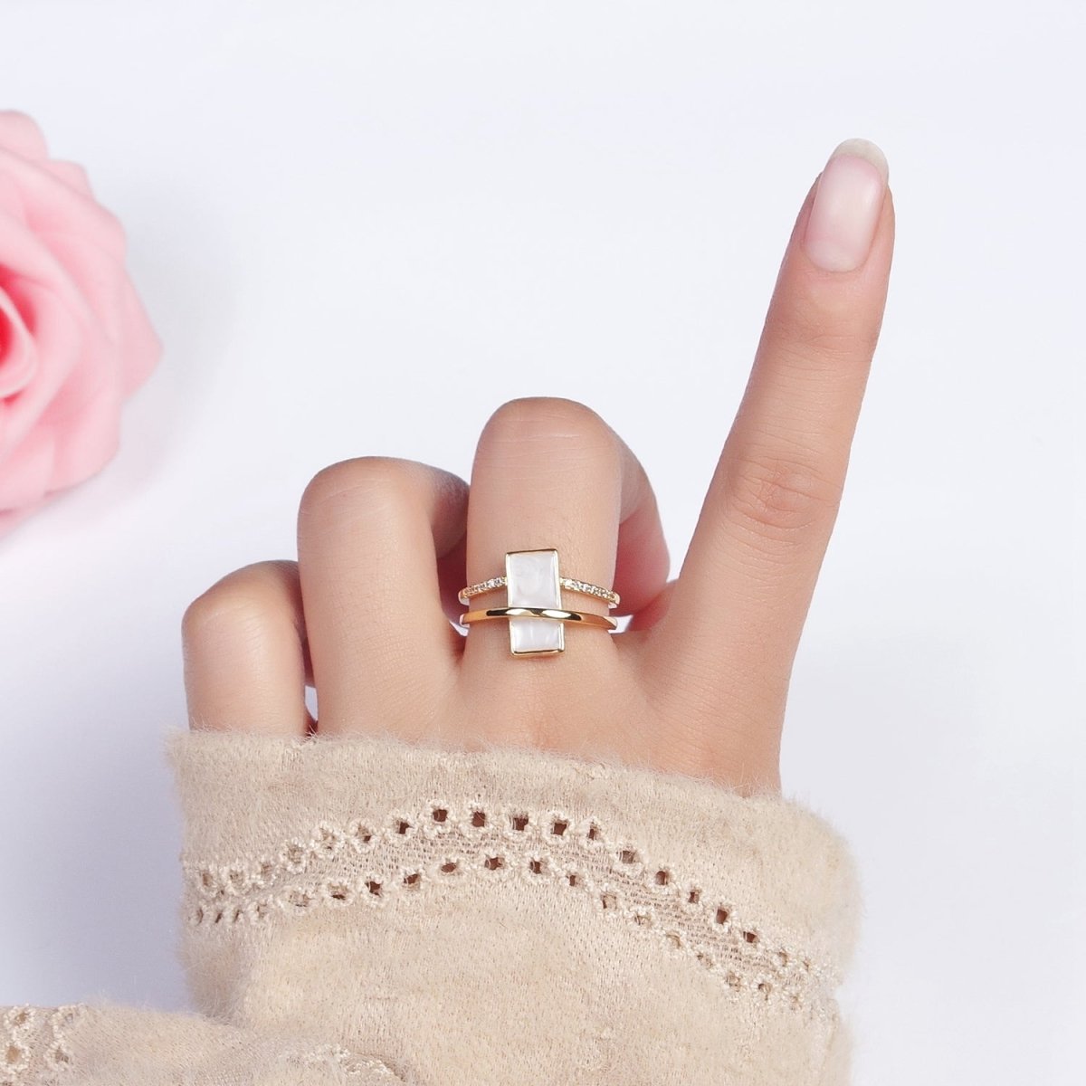 16K Gold Filled White Sparkly Enamel Bar Micro Paved CZ Double Band Ring in Gold &amp; Silver | O-1617 O-1618