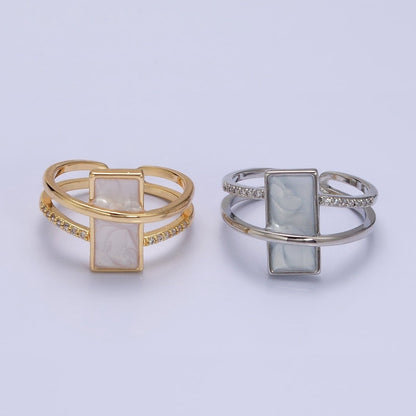 16K Gold Filled White Sparkly Enamel Bar Micro Paved CZ Double Band Ring in Gold &amp; Silver | O-1617 O-1618