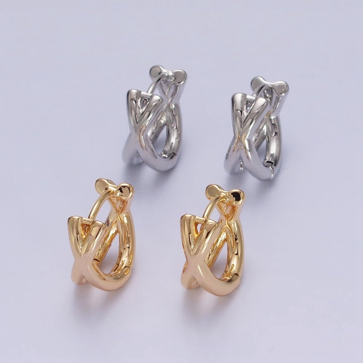 16K Gold Filled X Claw Double Band Geometric Huggie Earrings in Gold &amp; Silver | AB1455 AB1456