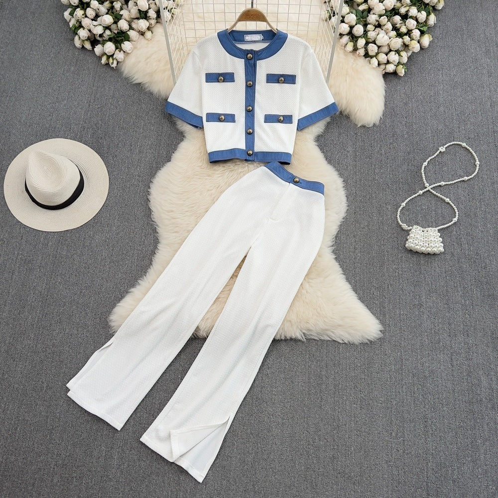 Fashion Two-Piece Set – Elegant Crewneck Single-Breasted Denim Contrast Crop Top + Skirt Suit