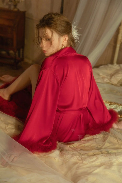 Elegant Satin Feather-Trimmed Robe &amp; Nightdress Set - Luxury Bridal &amp; Lounge Wear