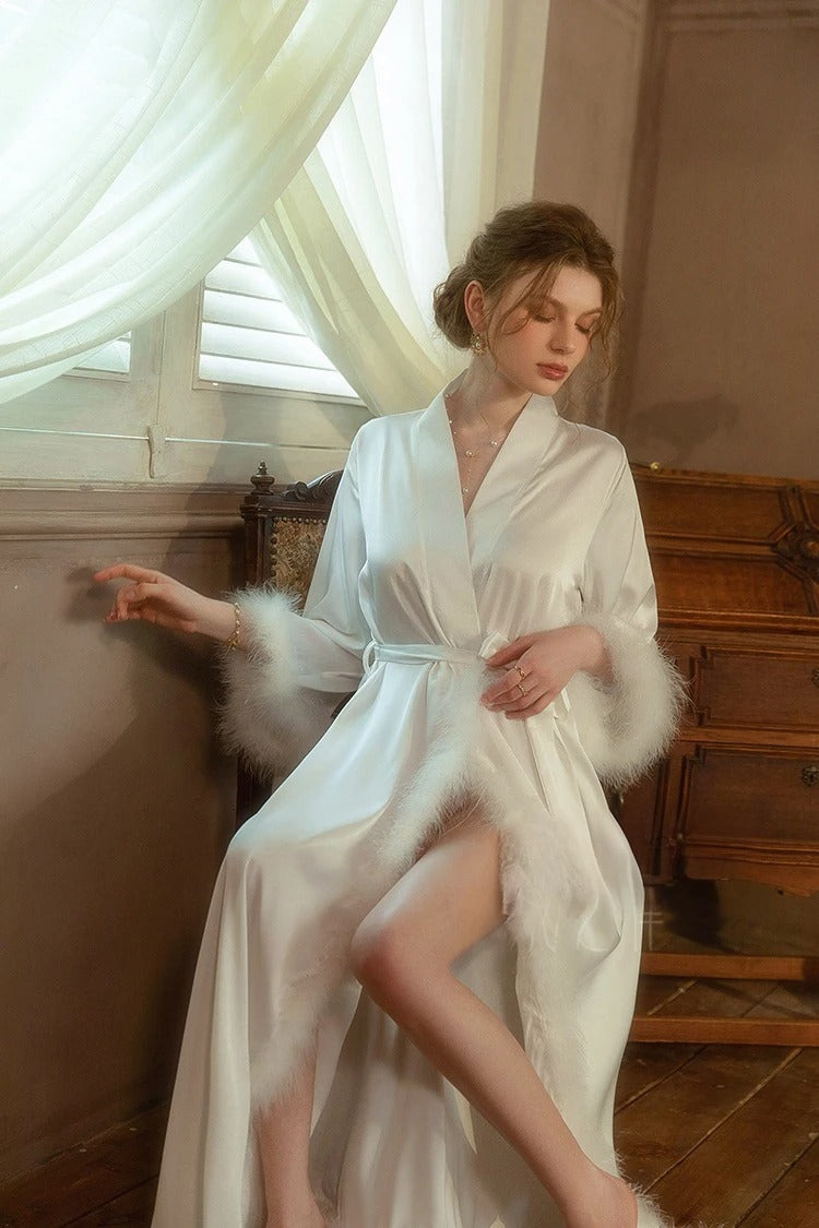 Elegant Satin Feather-Trimmed Robe &amp; Nightdress Set - Luxury Bridal &amp; Lounge Wear
