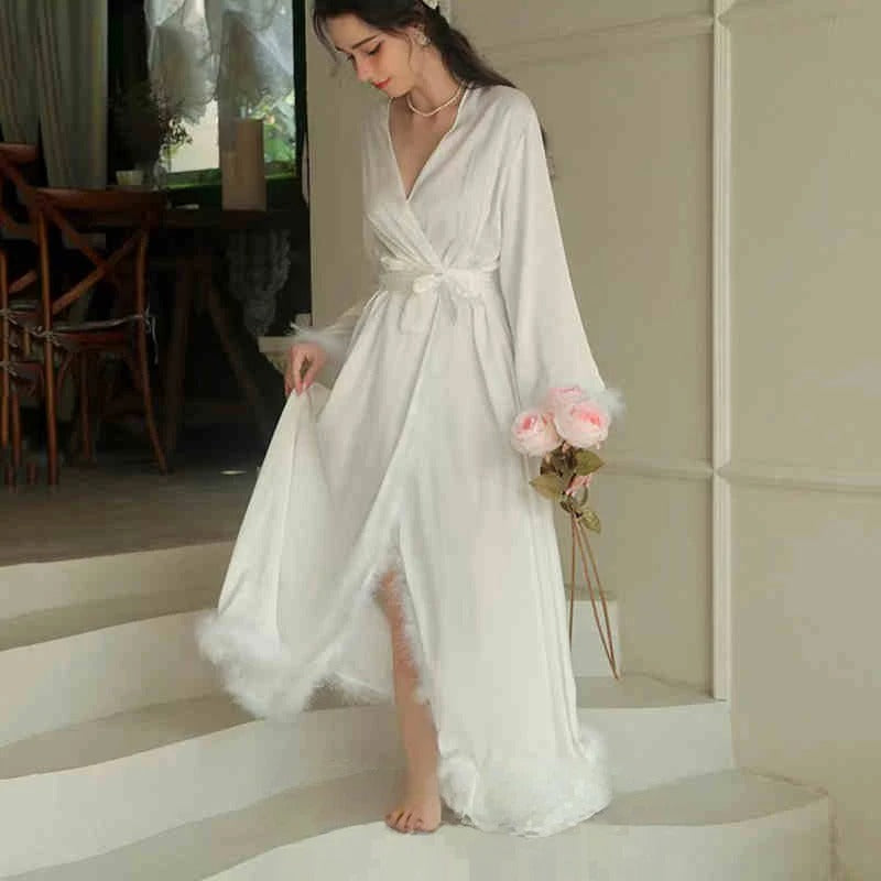 Elegant Satin Feather-Trimmed Robe &amp; Nightdress Set - Luxury Bridal &amp; Lounge Wear