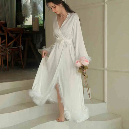 Elegant Satin Feather-Trimmed Robe &amp; Nightdress Set - Luxury Bridal &amp; Lounge Wear