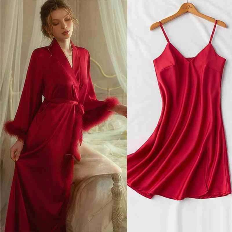 Elegant Satin Feather-Trimmed Robe &amp; Nightdress Set - Luxury Bridal &amp; Lounge Wear