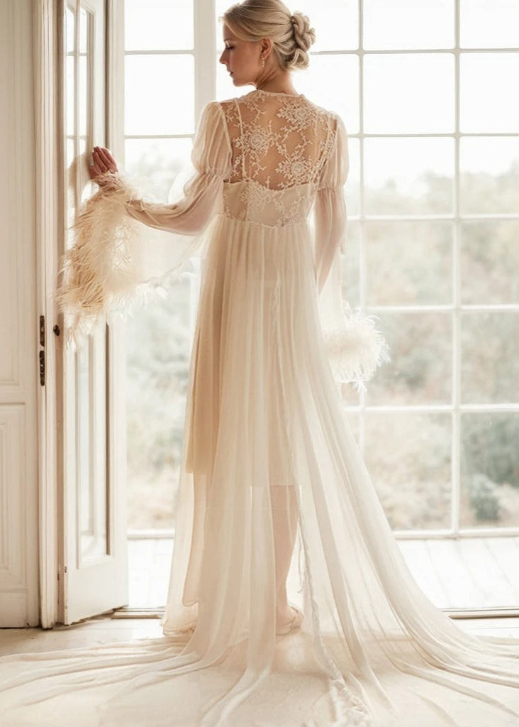 Ethereal Lace &amp; Feather-Trimmed Sheer Bridal Robe – Vintage Luxury Loungewear