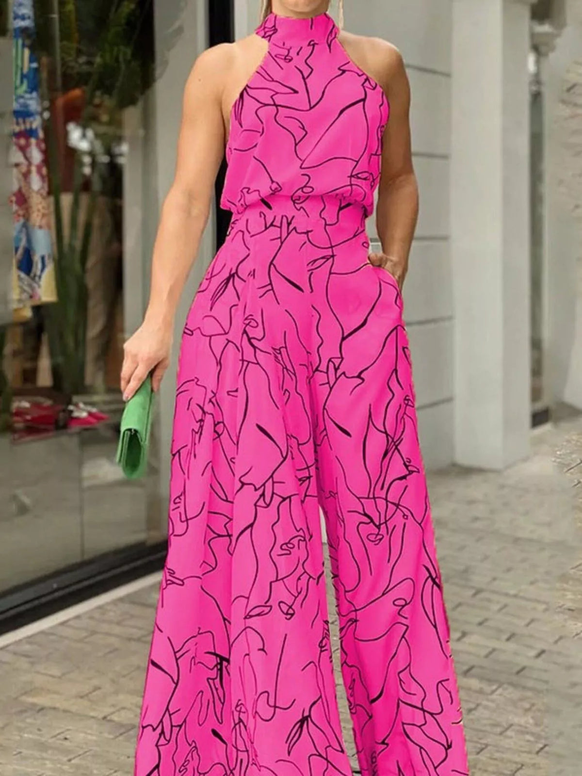 Halter Neck Abstract Print Wide Leg Jumpsuit