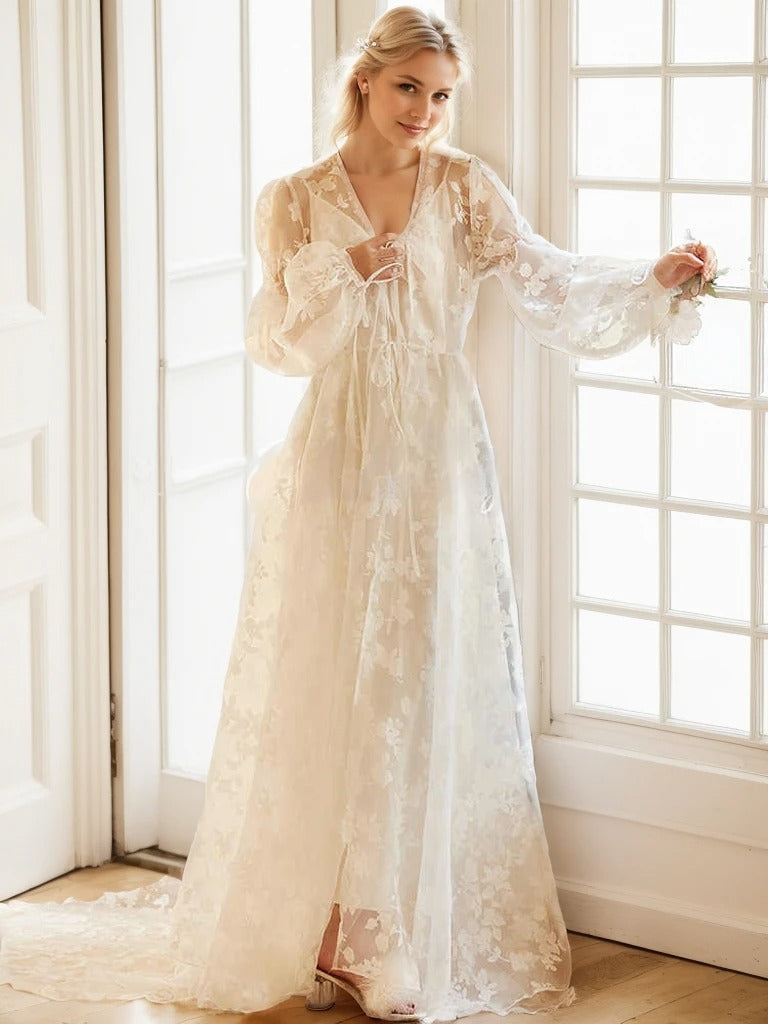 Ethereal Lace Long-Sleeve Sheer Bridal Robe Dress with Train