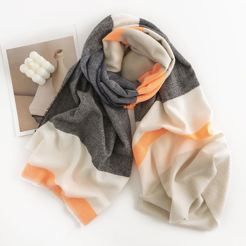 Herringbone Pattern Monochrome Artificial Cashmere Scarf Women&