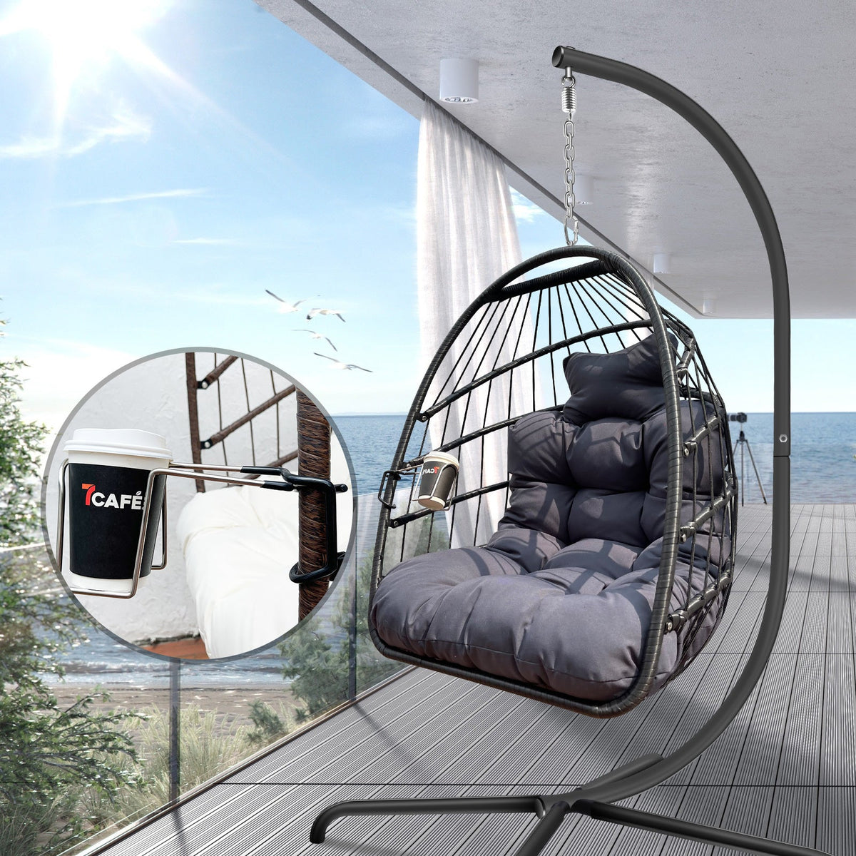 Swing Egg Chair with Stand &amp; UV-Resistant Cushion - 350 lbs Capacity