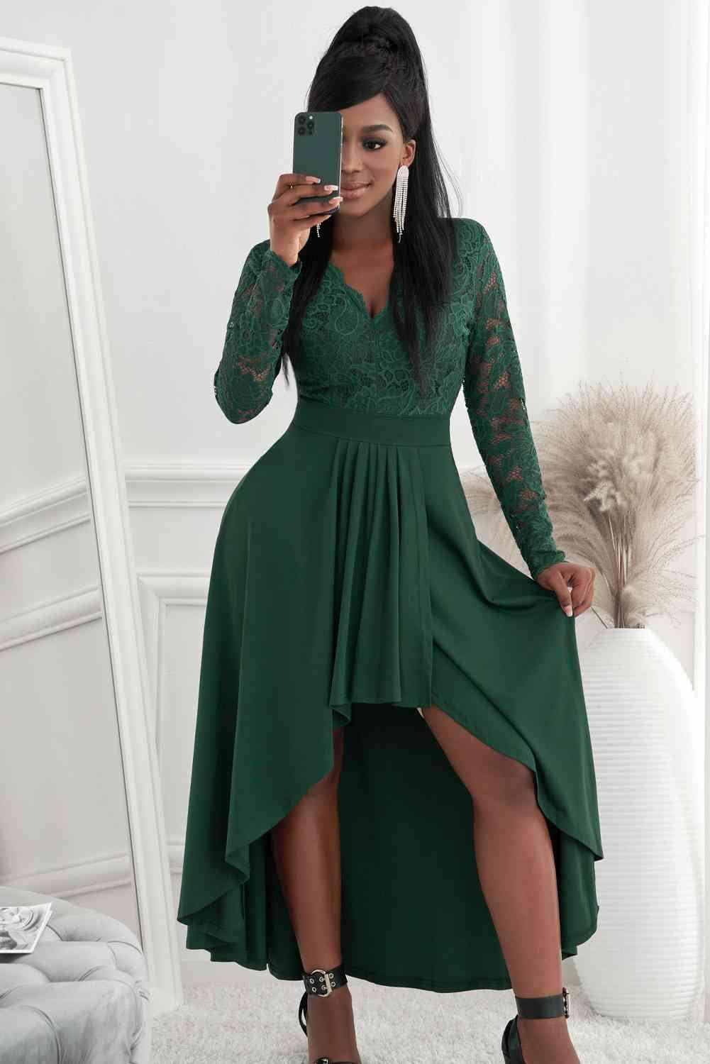 Lace High-Low V-Neck Dress for Elegant Evening Wear