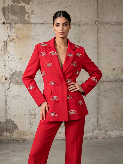 Rhinestone Fan Motif Double Breasted Notched Lapel Tailored Blazer Jacket