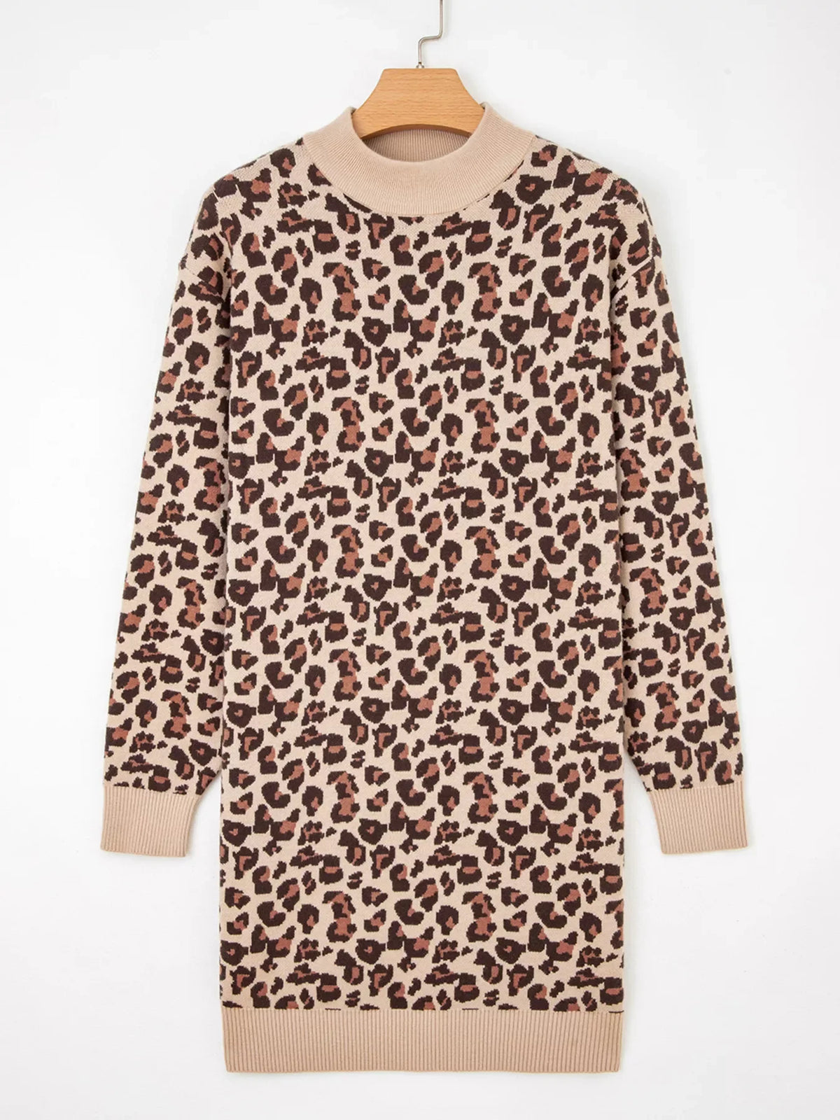 Leopard Print High Neck Shift Mini Sweater Dress