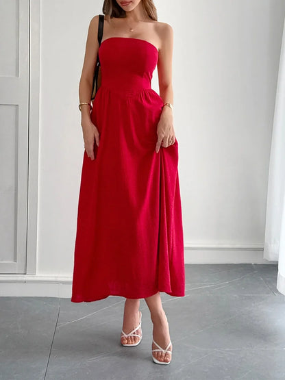 Strapless A-Line Midi Dress with Pockets