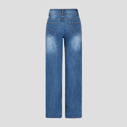 Womens Casual Straight-leg Denim Wide-leg Pants