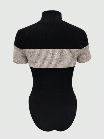 Color Block Turtleneck Ribbed Bodysuit