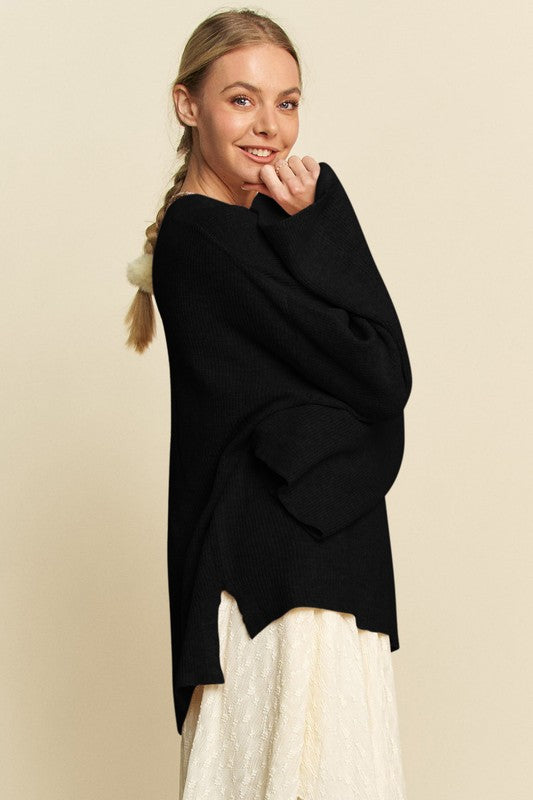 Back To School Sweater - Davi &amp; Dani High-Low Round Neck Drop Shoulder Sweater