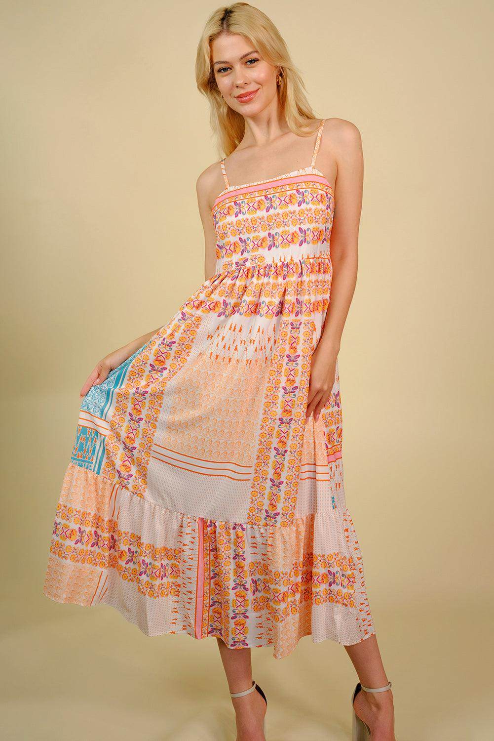 Printed Spaghetti Strap Smocked Midi Dress for Women