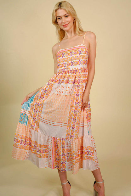 Printed Spaghetti Strap Smocked Midi Dress for Women