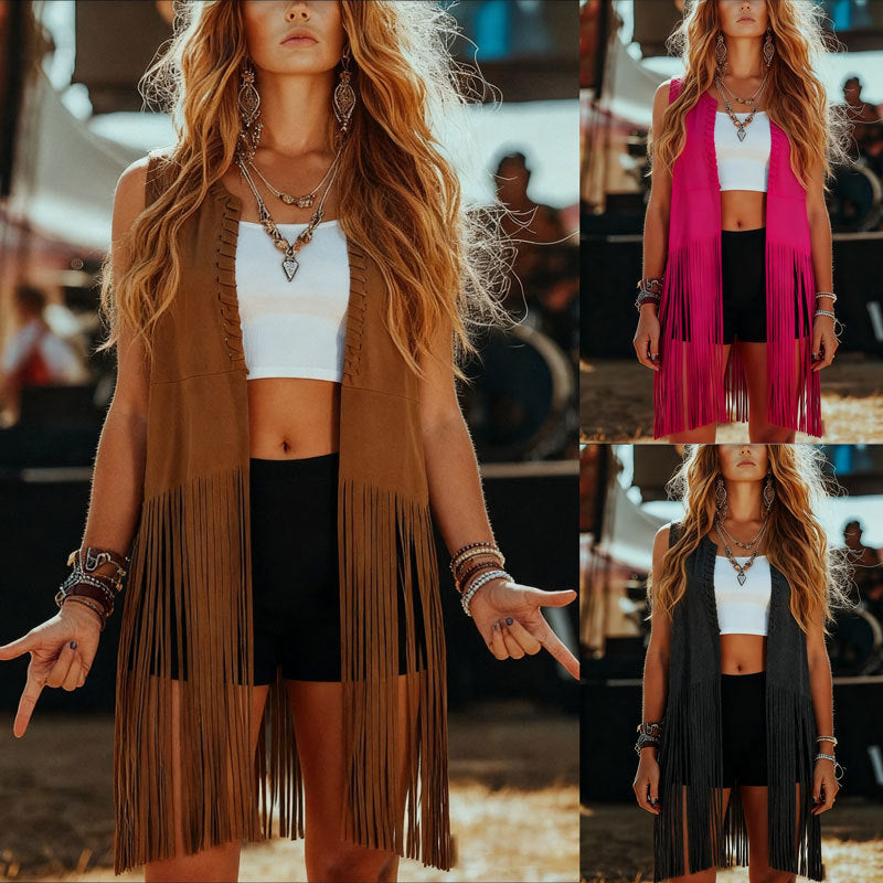 Suede Tassel Shawl Sleeveless Vest Jacket