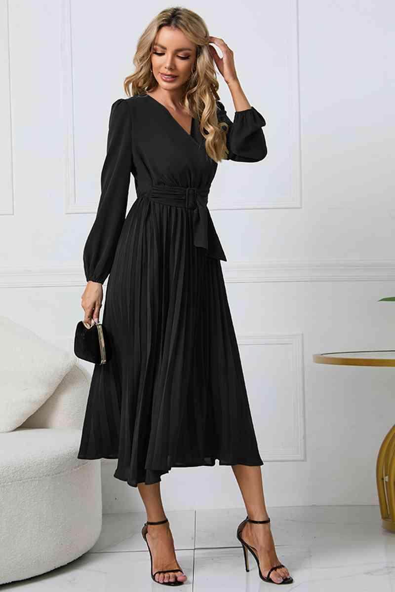V-Neck Long Sleeve Tie Waist Midi Dress for Women