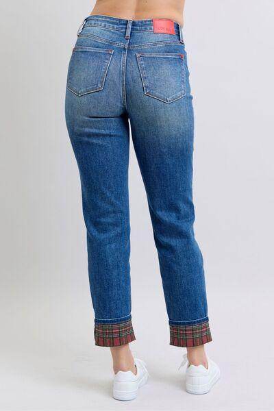 Judy Blue Full Size Plaid Print Cuff Straight Leg Jeans