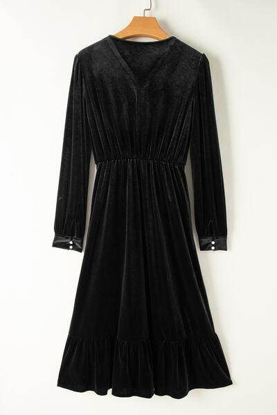 Ruffle Hem Slit V-Neck Long Sleeve Dress for Women