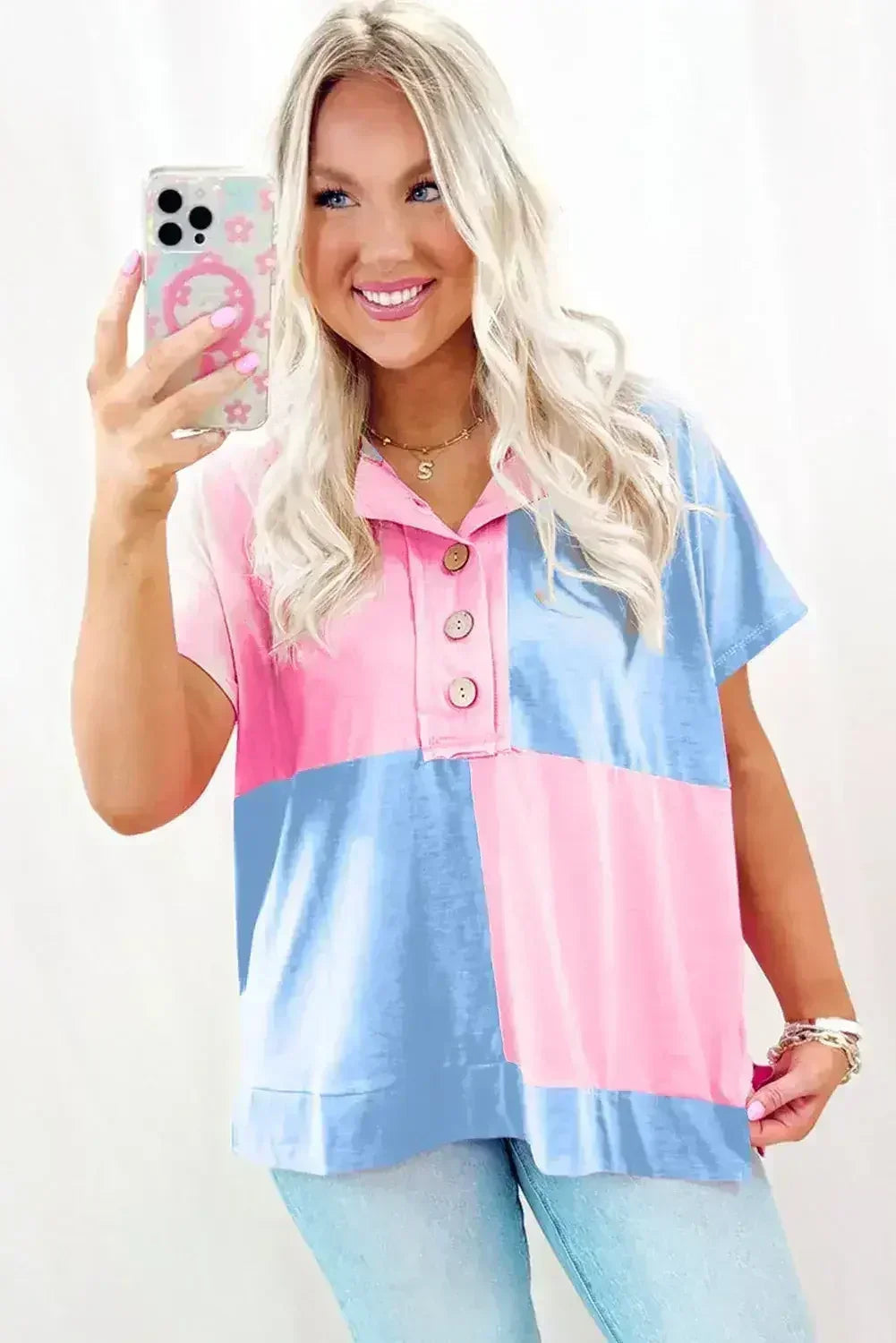 Mint Green Colorblock Half Buttons Henley T Shirt