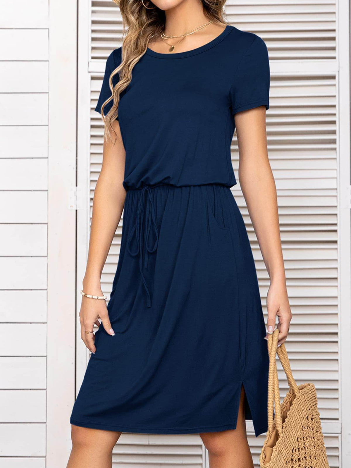Round Neck Short Sleeve Slit Dress with Pockets for Women