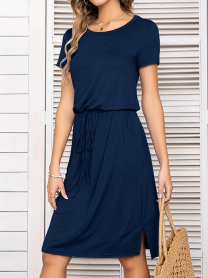 Round Neck Short Sleeve Slit Dress with Pockets for Women
