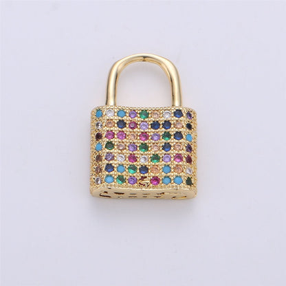 17x12mm Dainty Padlock Lock Charm 18k gold Filled Micro Pave Charm, Colorful Cubic Charm, Silver Lock, Gold Lock Charm for Necklace Earring, K-152