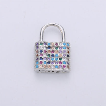 17x12mm Dainty Padlock Lock Charm 18k gold Filled Micro Pave Charm, Colorful Cubic Charm, Silver Lock, Gold Lock Charm for Necklace Earring, K-152