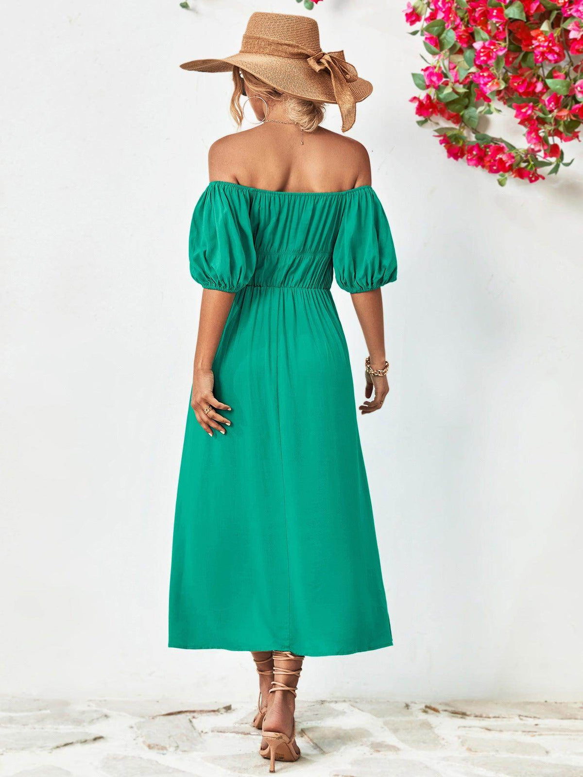 Off-Shoulder Balloon Sleeve Midi Dress for Chic Style