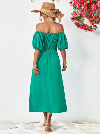 Off-Shoulder Balloon Sleeve Midi Dress for Chic Style