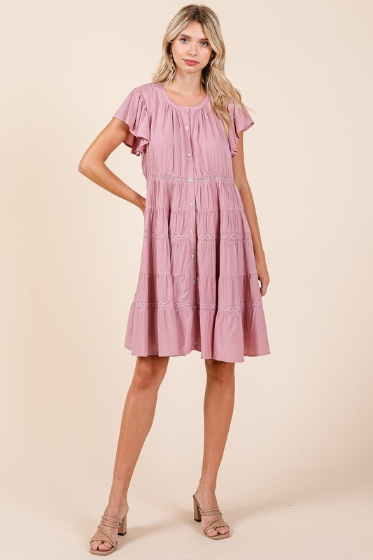 Lace Detail Ruffled Button Down Tiered Dress For Women – Romantic, Fluttering, Delicate, Feminine &amp; Elegant Design